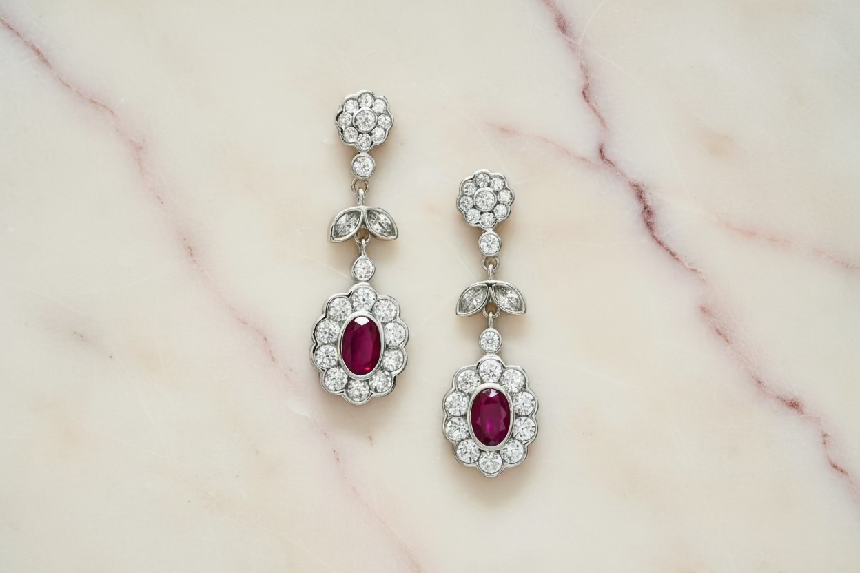 Silver earrings with red circuses.