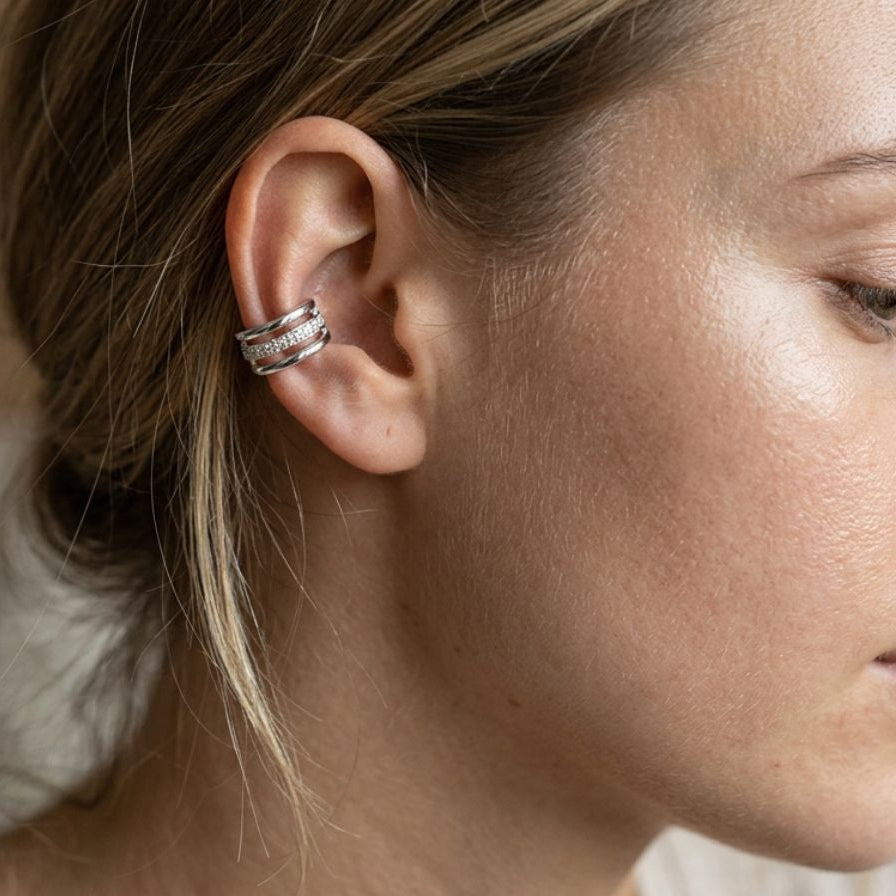 Earcuff acero triple liso / circos con circos - earcuff en acero con baño de oro de Amazing Joyas