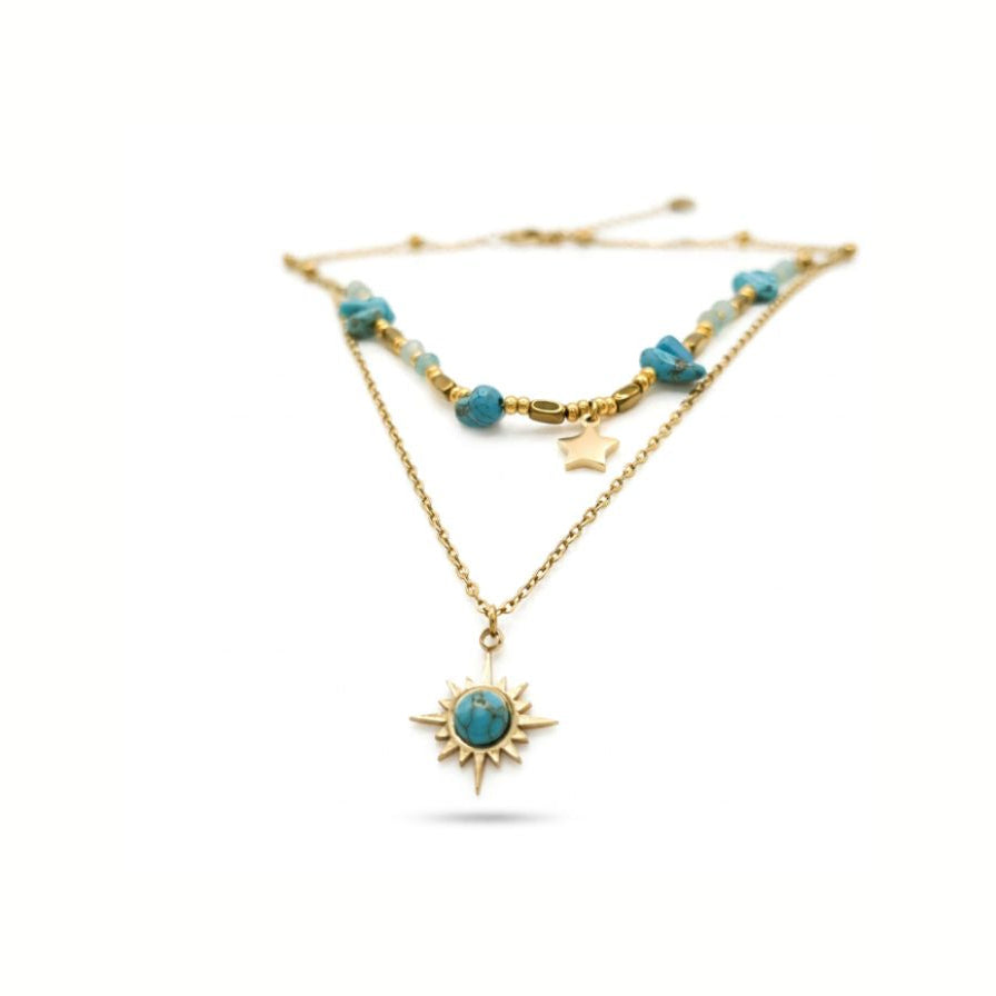 Collar estrella azulita doble cadena multicolor - collar en acero con baño de oro y circonitas de Amazing Joyas