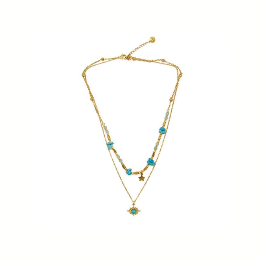 Collar estrella azulita doble cadena multicolor - collar en acero con baño de oro y circonitas de Amazing Joyas