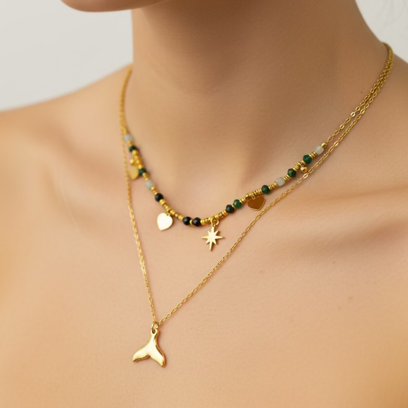 Collar cola acero doble cadena multicolor - collar en acero con baño de oro de Amazing Joyas