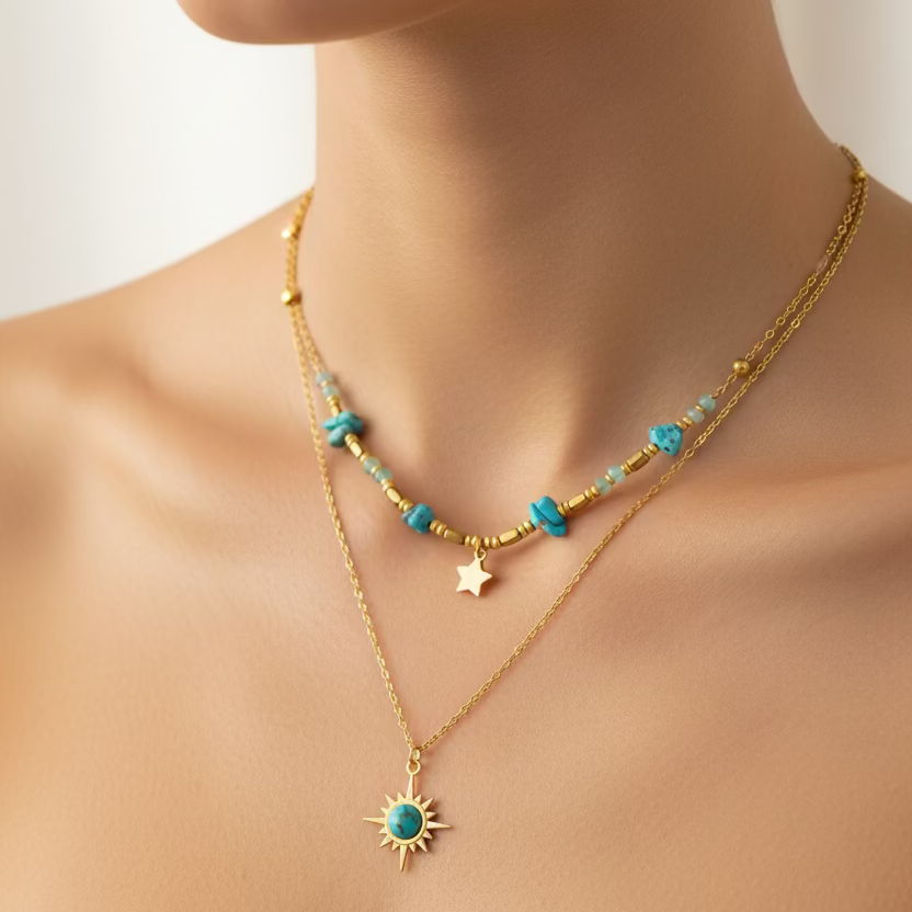 Collar estrella azulita doble cadena multicolor - collar en acero con baño de oro y circonitas de Amazing Joyas