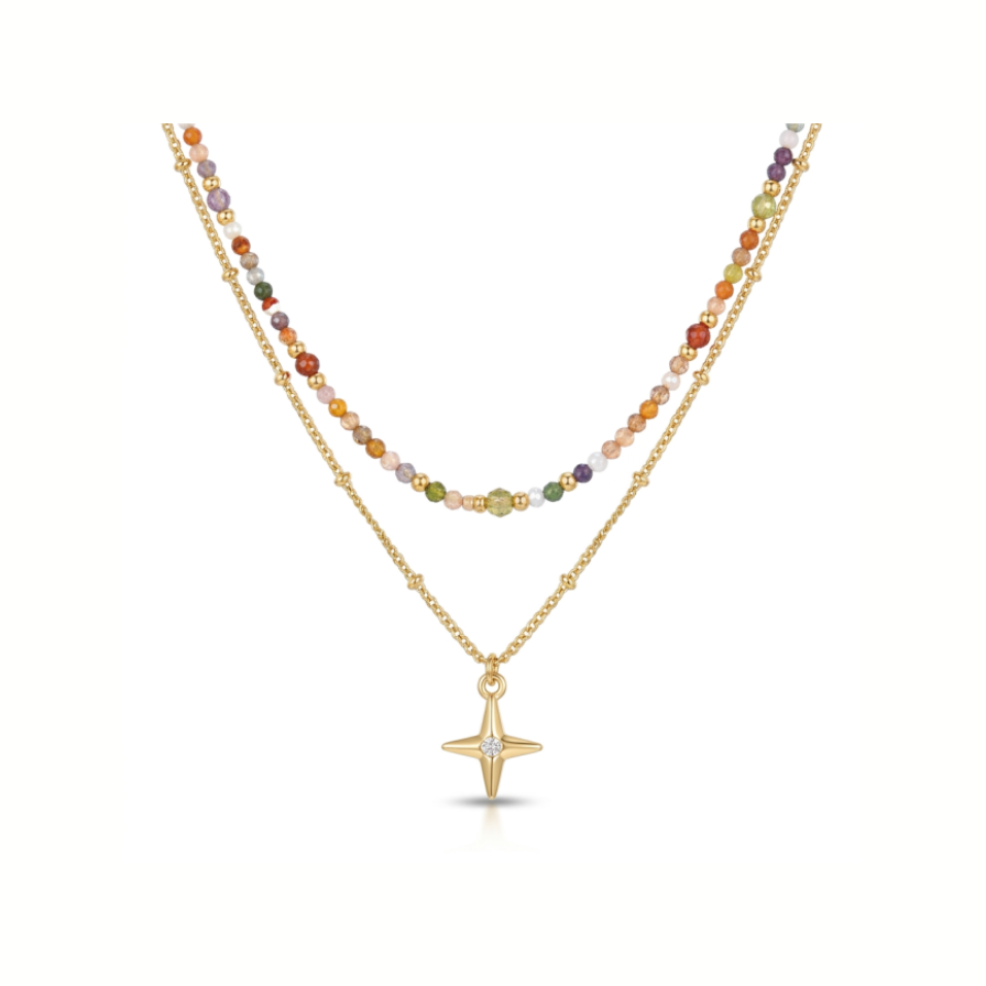 Collar cruz circo doble cadena multicolor - collar en acero con baño de oro y circonitas de Amazing Joyas