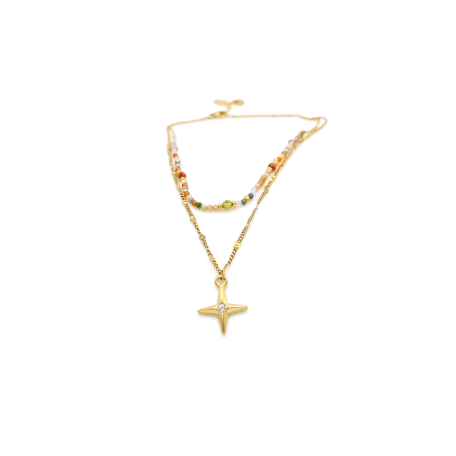 Collar cruz circo doble cadena multicolor - collar en acero con baño de oro y circonitas de Amazing Joyas