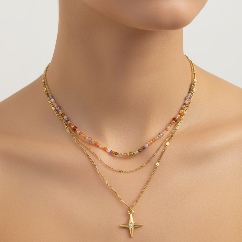 Collar cruz circo doble cadena multicolor - collar en acero con baño de oro y circonitas de Amazing Joyas