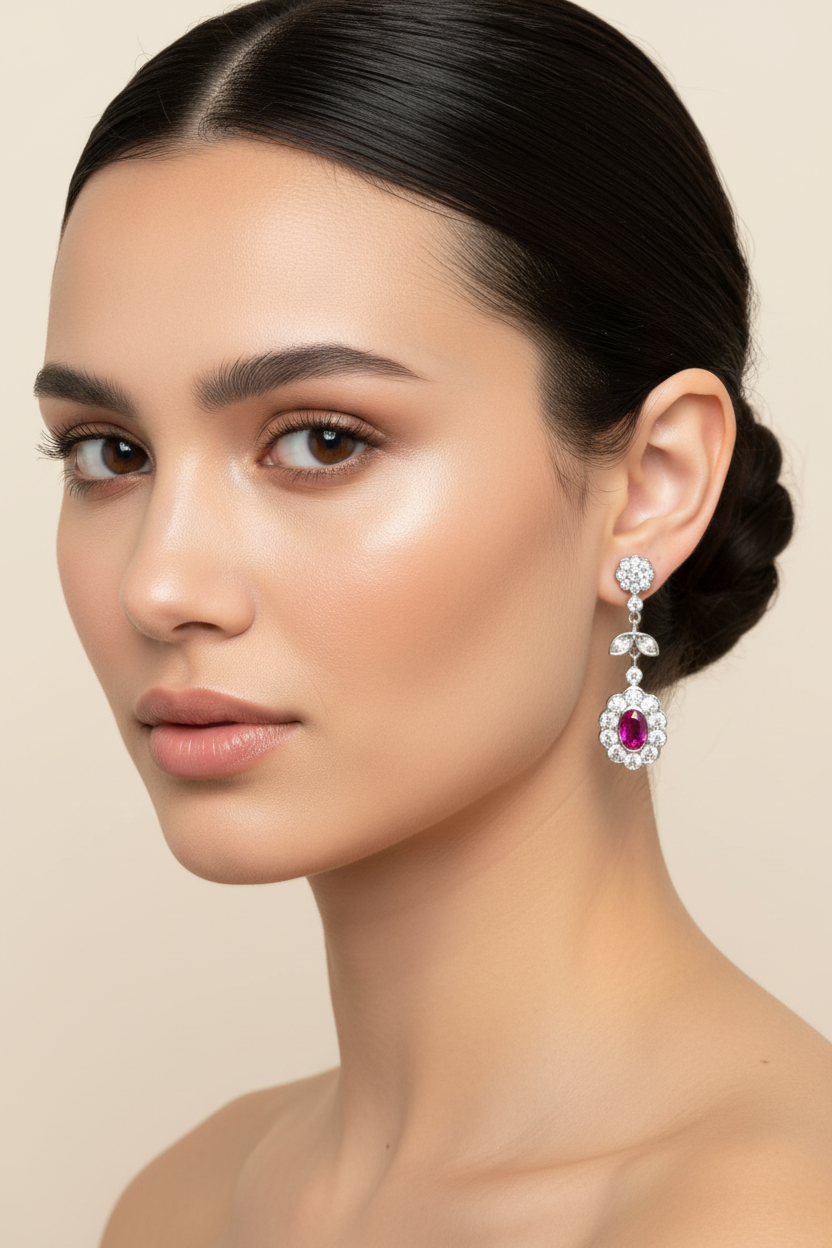 Silver earrings with red circuses.