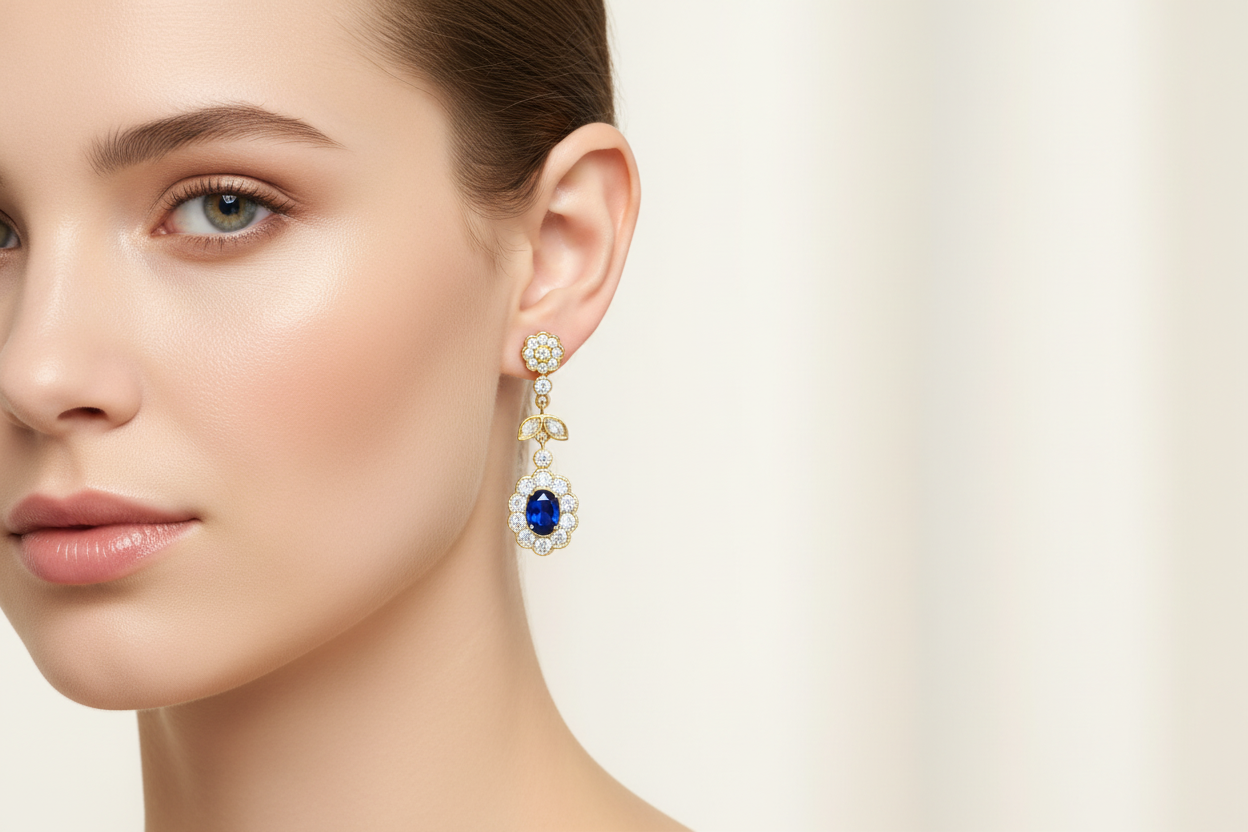 Silver earrings with blue circus stones.