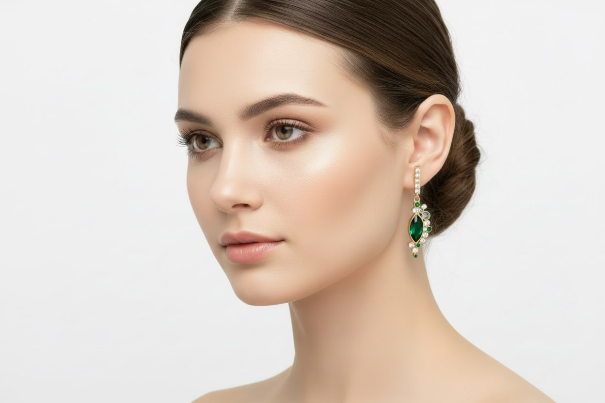 Silver earrings with green circuses.