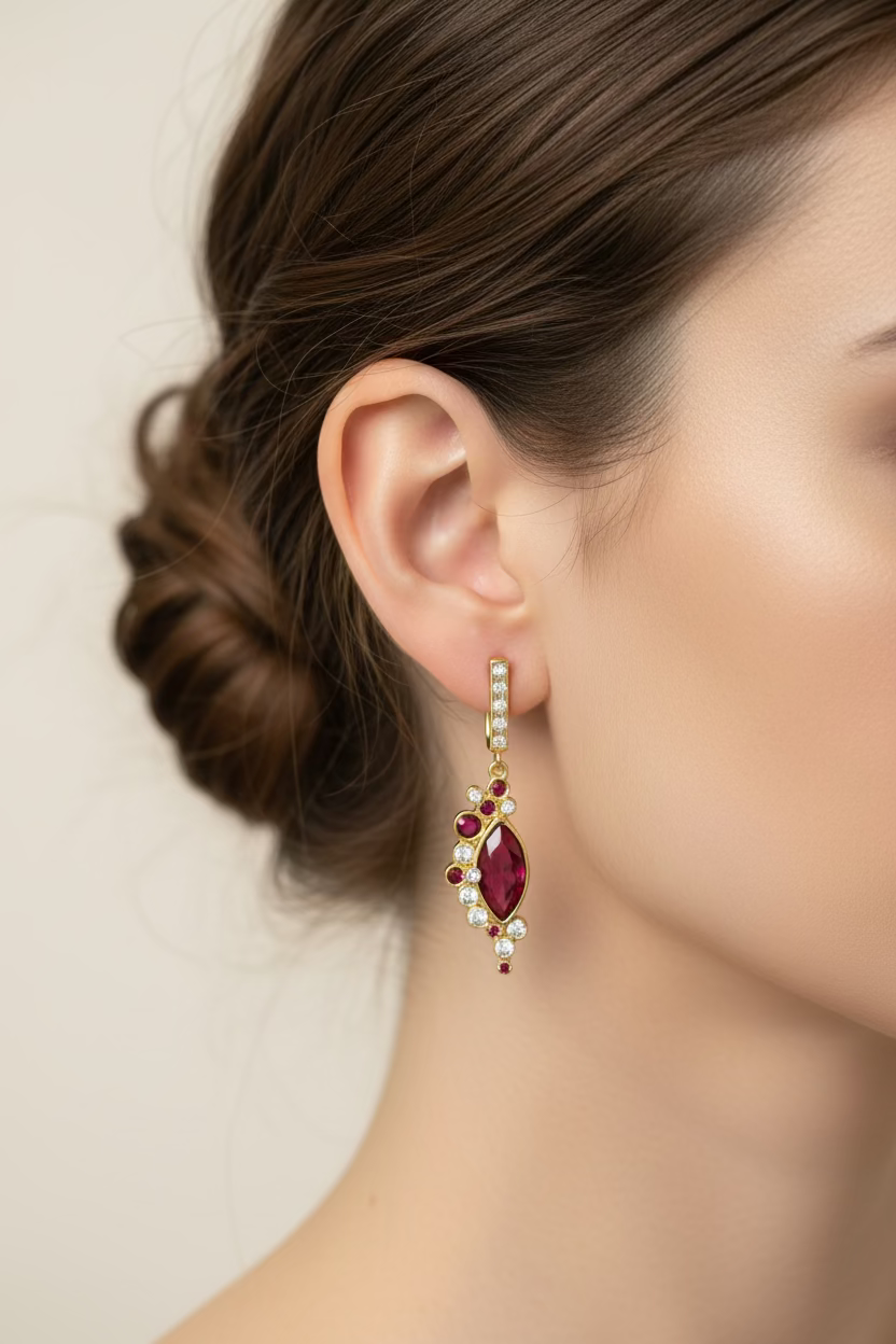 Silver earrings with red circuses.