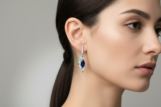 Silver earrings with blue circus stones.