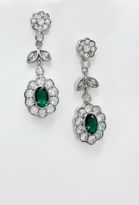 Silver earrings with green circuses.