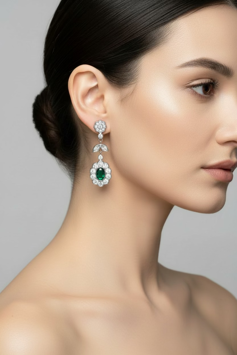 Silver earrings with green circuses.