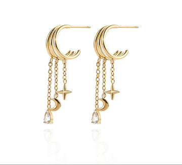 Pendientes triple aro luna y estrella