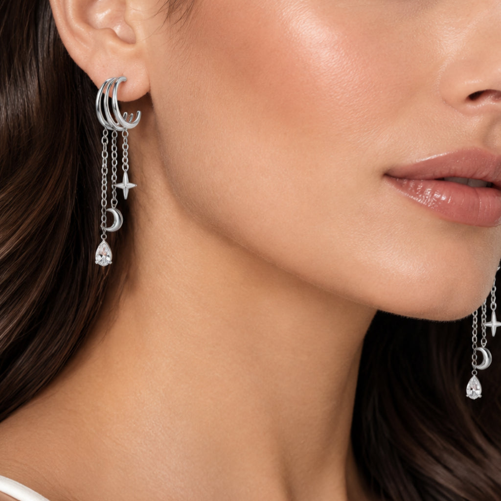 Pendientes triple aro luna y estrella