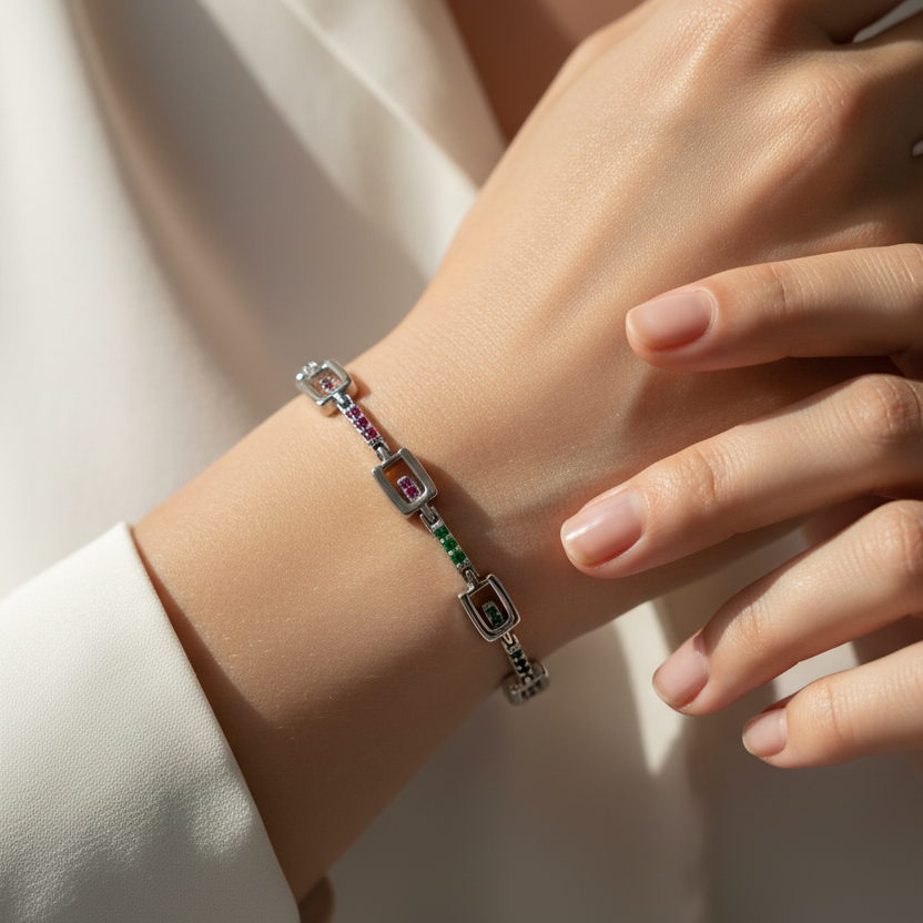 Pulsera cuadraditos colores - pulsera en plata de ley 925 y circonitas de Amazing Joyas