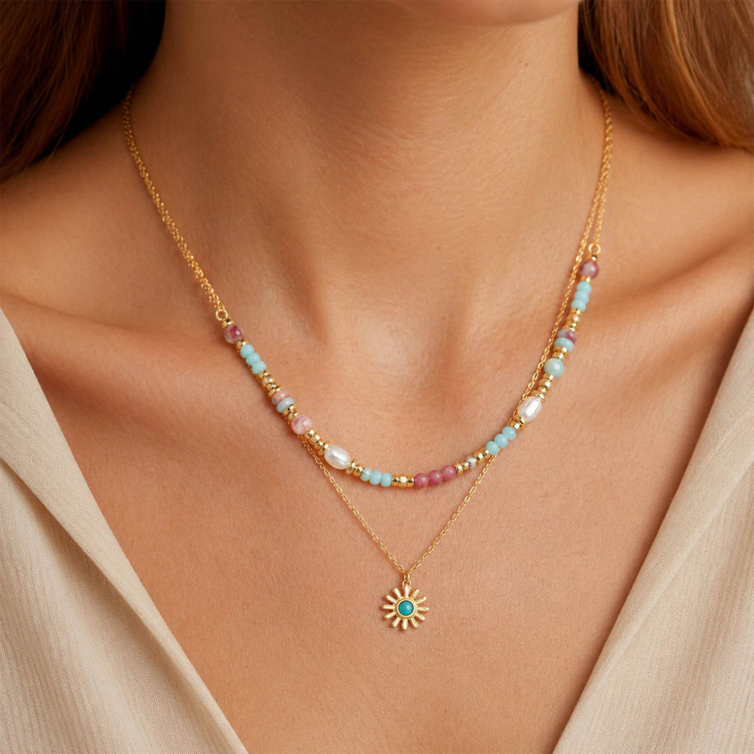 Collar sol acero doble cadena multicolor