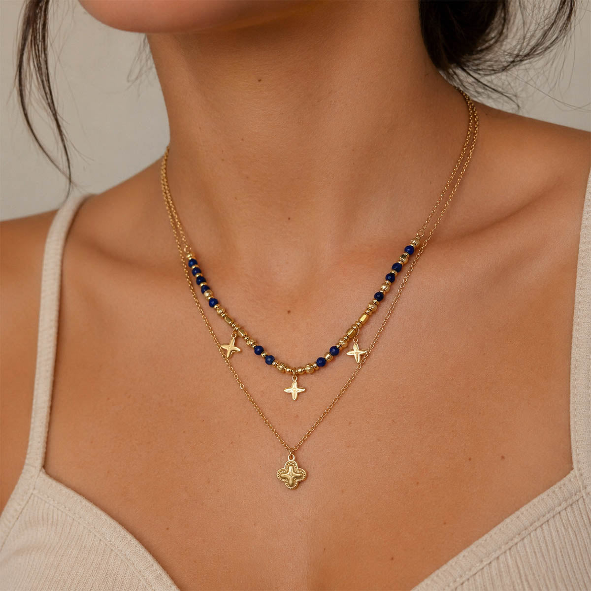 Collar cruz acero doble cadena multicolor